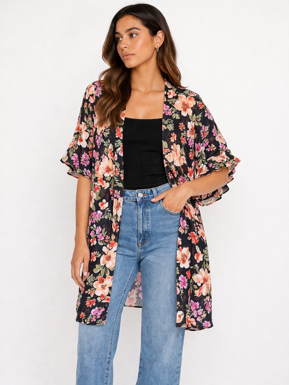 Floral Sheer Kimono Cardigan | Lightweight Boho Cover Up | Size L